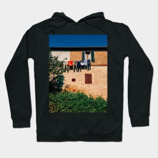 Laundry Drying on Washing Line Against Old Brick Building in Tuscany Italy Hoodie